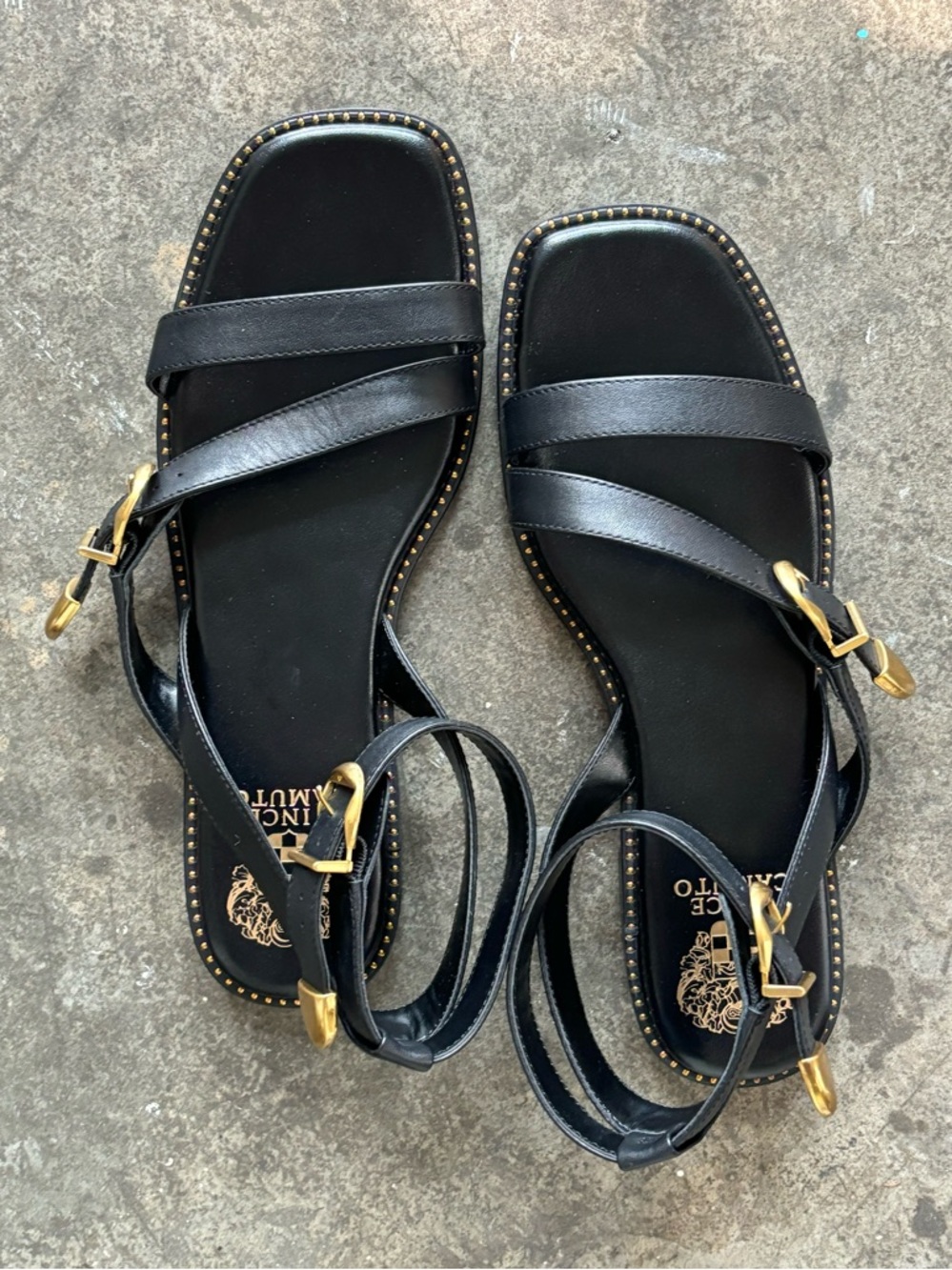 Vince Camuto Neiko Sandal Black Leather Strappy with Gold Hardware
